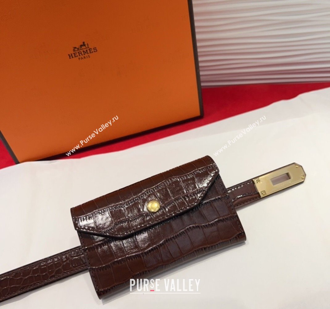 Hermes Kelly Pocket 18 Pouch Belt 1.8cm with Gold Hardware in Crocodile Leather Dark Brown 2025 (99-250508213)