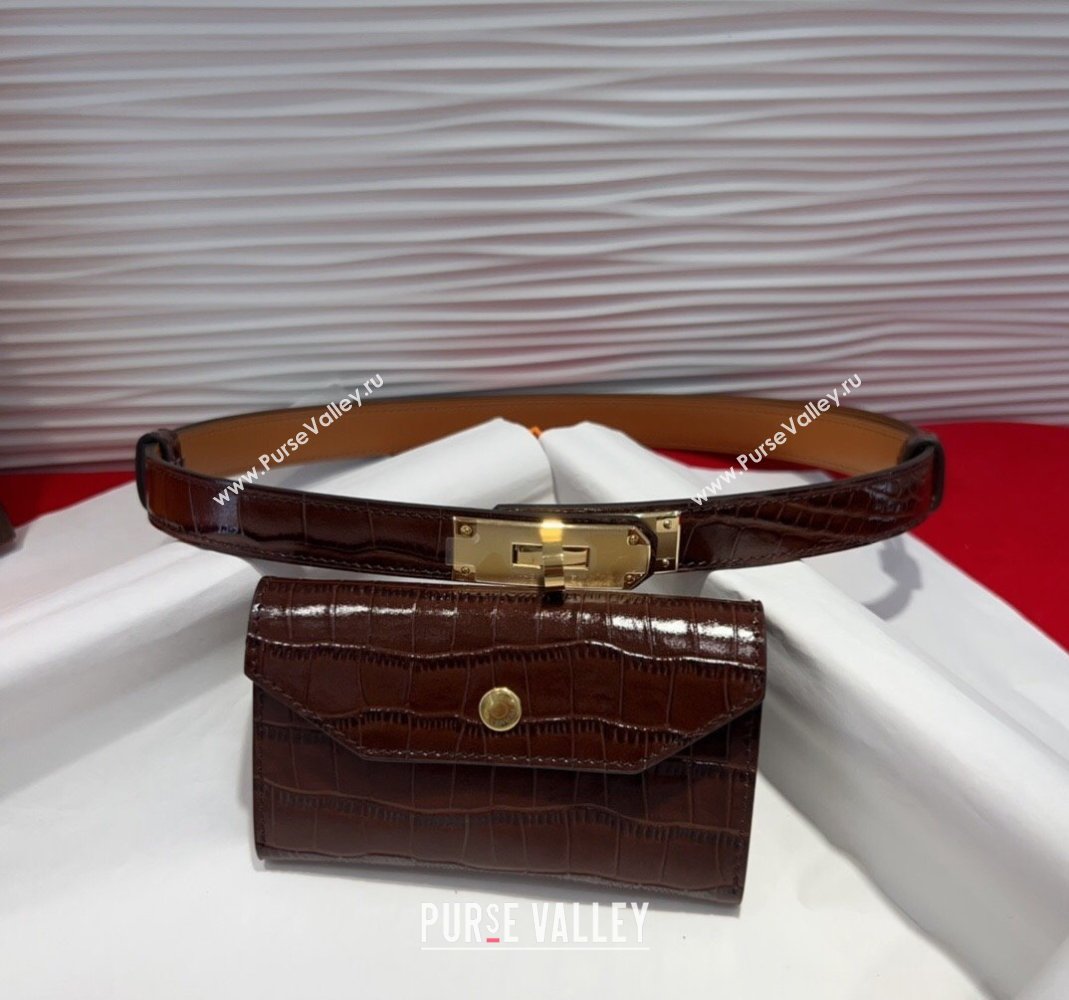 Hermes Kelly Pocket 18 Pouch Belt 1.8cm with Gold Hardware in Crocodile Leather Dark Brown 2025 (99-250508213)