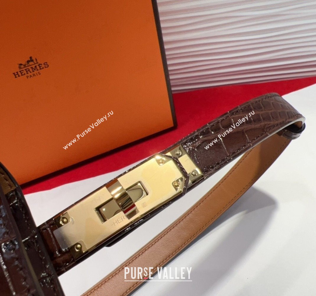 Hermes Kelly Pocket 18 Pouch Belt 1.8cm with Gold Hardware in Crocodile Leather Dark Brown 2025 (99-250508213)
