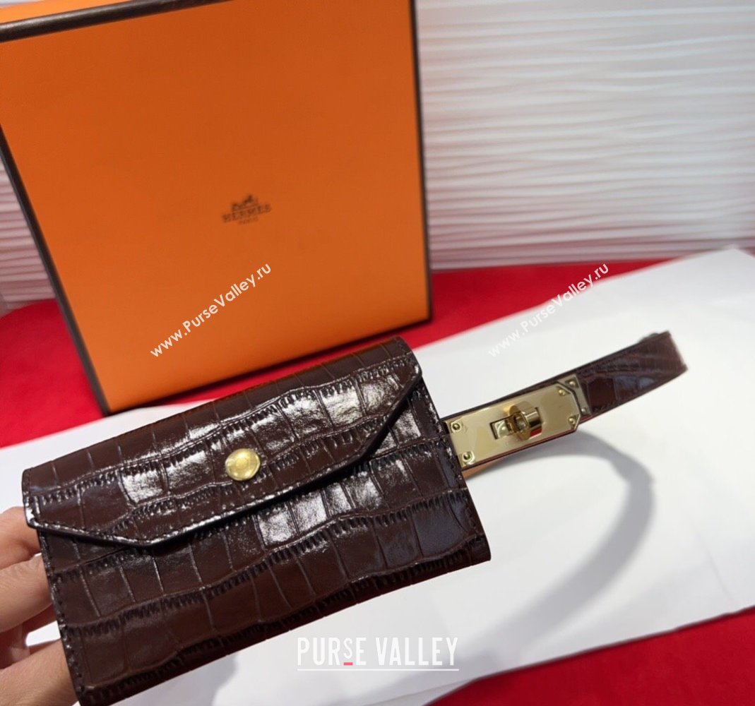 Hermes Kelly Pocket 18 Pouch Belt 1.8cm with Gold Hardware in Crocodile Leather Dark Brown 2025 (99-250508213)