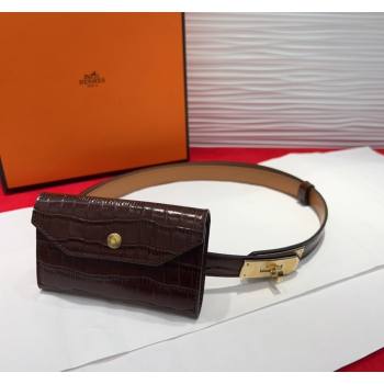 Hermes Kelly Pocket 18 Pouch Belt 1.8cm with Gold Hardware in Crocodile Leather Dark Brown 2025 (99-250508213)