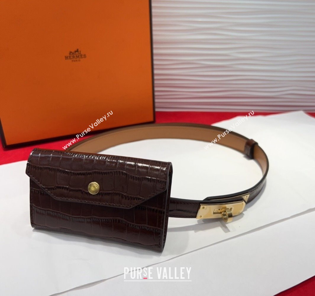 Hermes Kelly Pocket 18 Pouch Belt 1.8cm with Gold Hardware in Crocodile Leather Dark Brown 2025 (99-250508213)