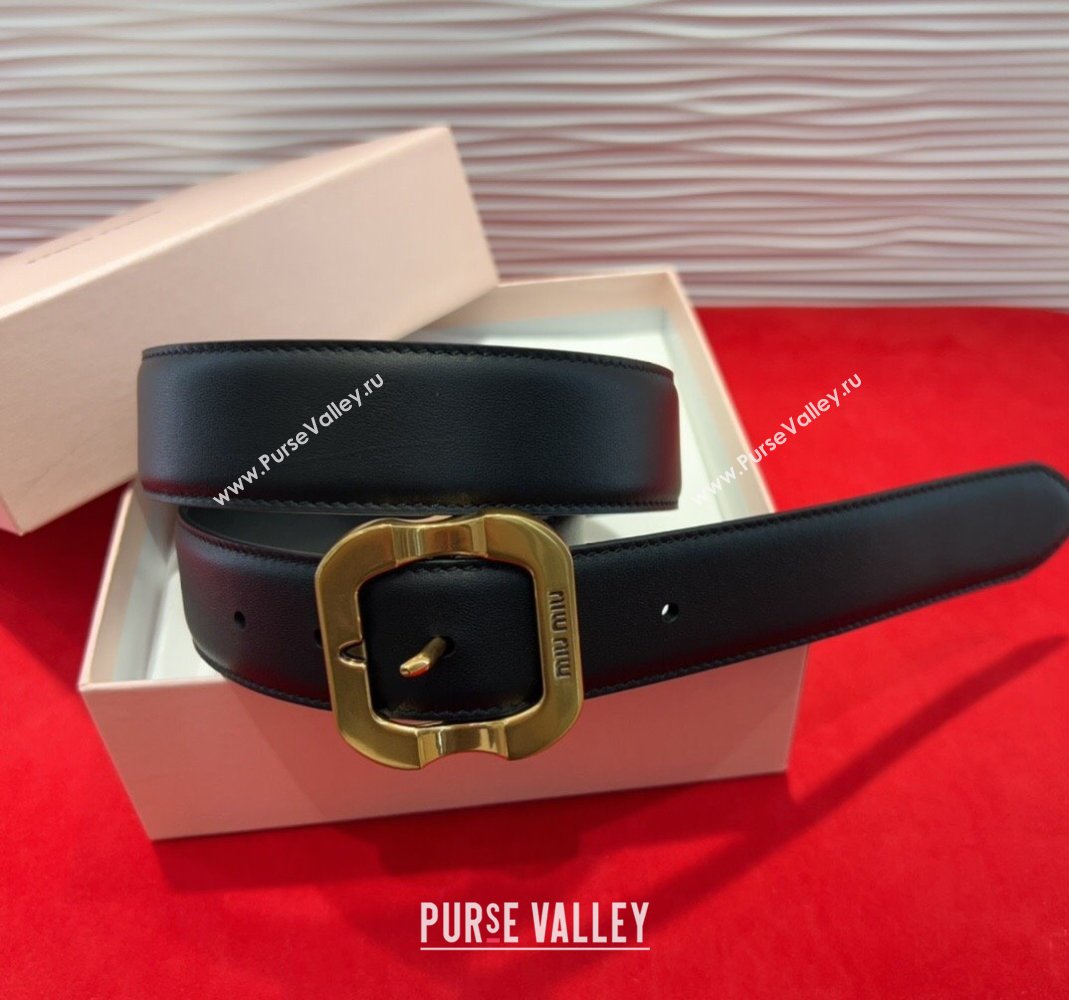 Miu Miu Supple Calfskin Belt 3.4cm with Gold-Tone Square Buckle Black 2025 2012025 (99-250508148)
