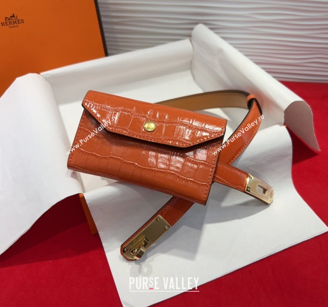 Hermes Kelly Pocket 18 Pouch Belt 1.8cm with Gold Hardware in Crocodile Leather Orange 2025 (99-250508214)