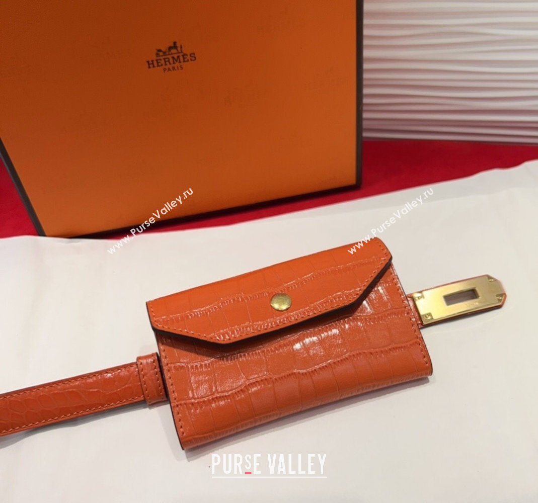 Hermes Kelly Pocket 18 Pouch Belt 1.8cm with Gold Hardware in Crocodile Leather Orange 2025 (99-250508214)