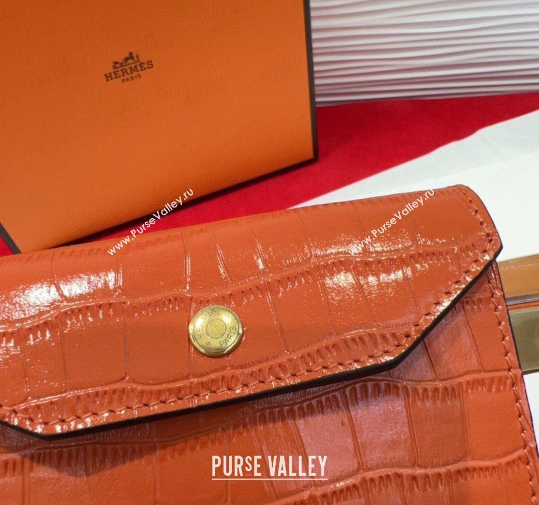 Hermes Kelly Pocket 18 Pouch Belt 1.8cm with Gold Hardware in Crocodile Leather Orange 2025 (99-250508214)