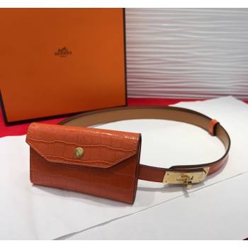 Hermes Kelly Pocket 18 Pouch Belt 1.8cm with Gold Hardware in Crocodile Leather Orange 2025 (99-250508214)