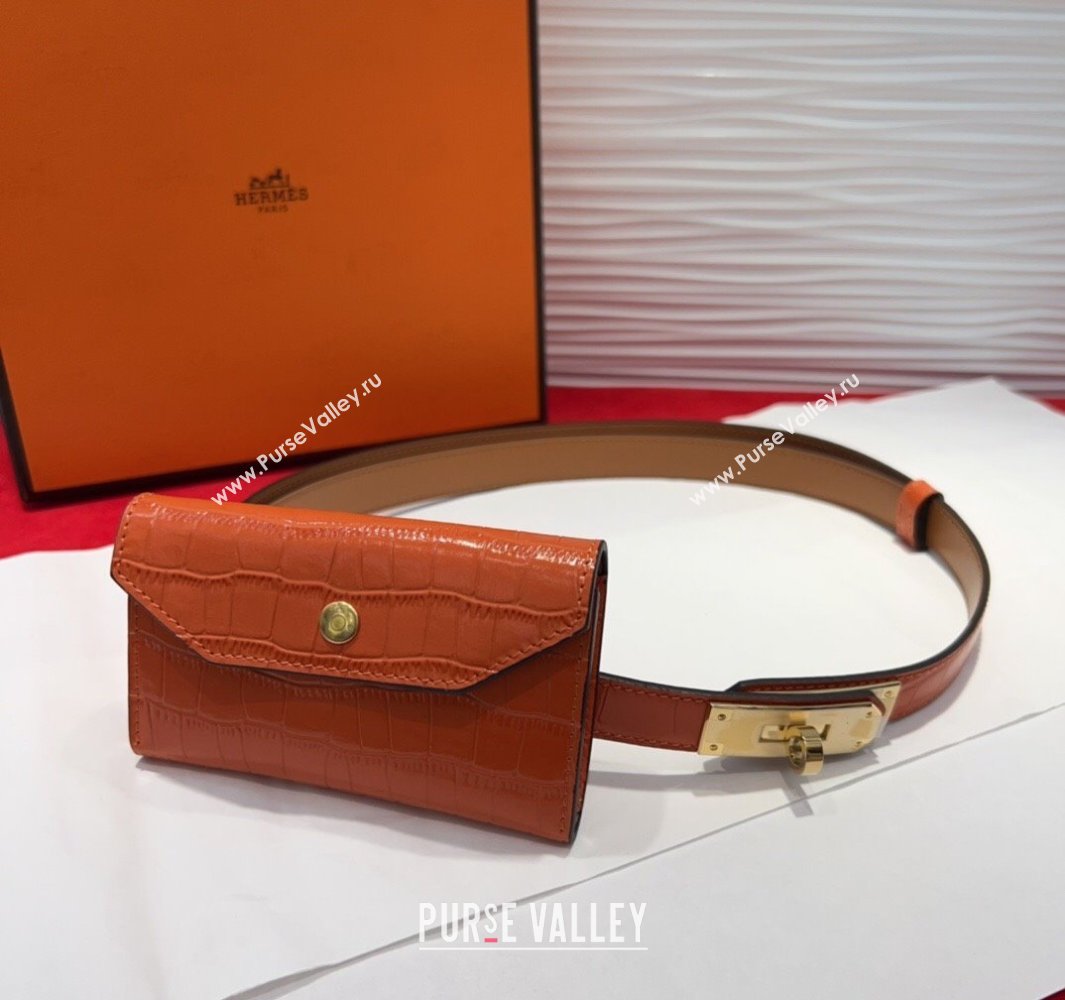 Hermes Kelly Pocket 18 Pouch Belt 1.8cm with Gold Hardware in Crocodile Leather Orange 2025 (99-250508214)