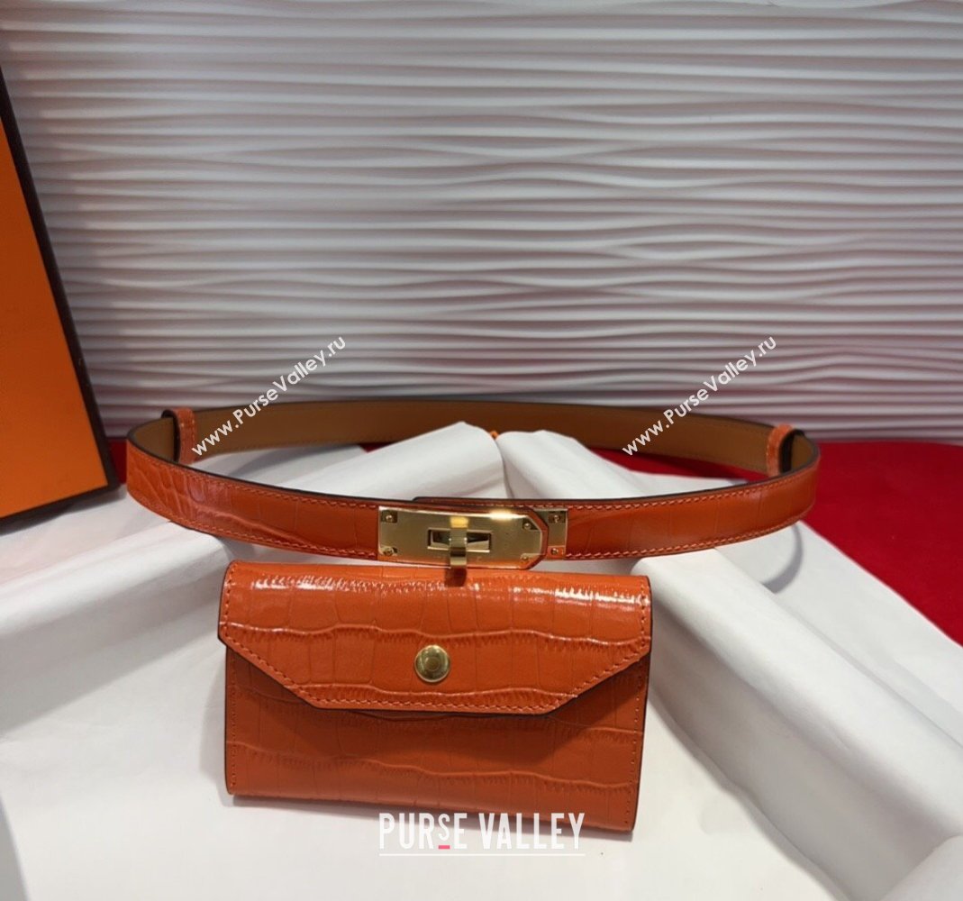 Hermes Kelly Pocket 18 Pouch Belt 1.8cm with Gold Hardware in Crocodile Leather Orange 2025 (99-250508214)