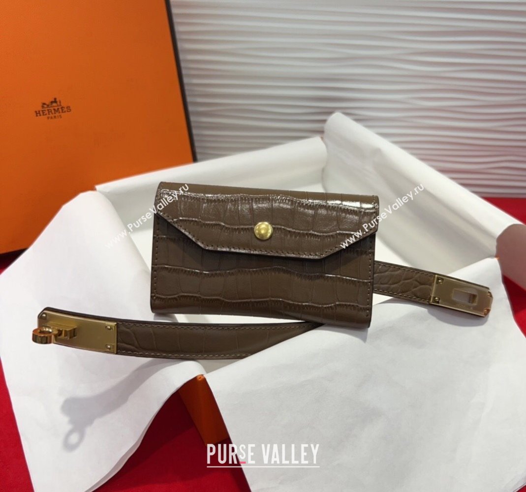 Hermes Kelly Pocket 18 Pouch Belt 1.8cm with Gold Hardware in Crocodile Leather Grey 2025 (99-250508215)