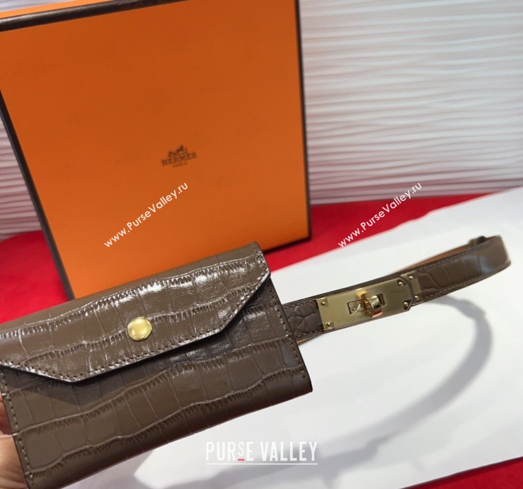 Hermes Kelly Pocket 18 Pouch Belt 1.8cm with Gold Hardware in Crocodile Leather Grey 2025 (99-250508215)