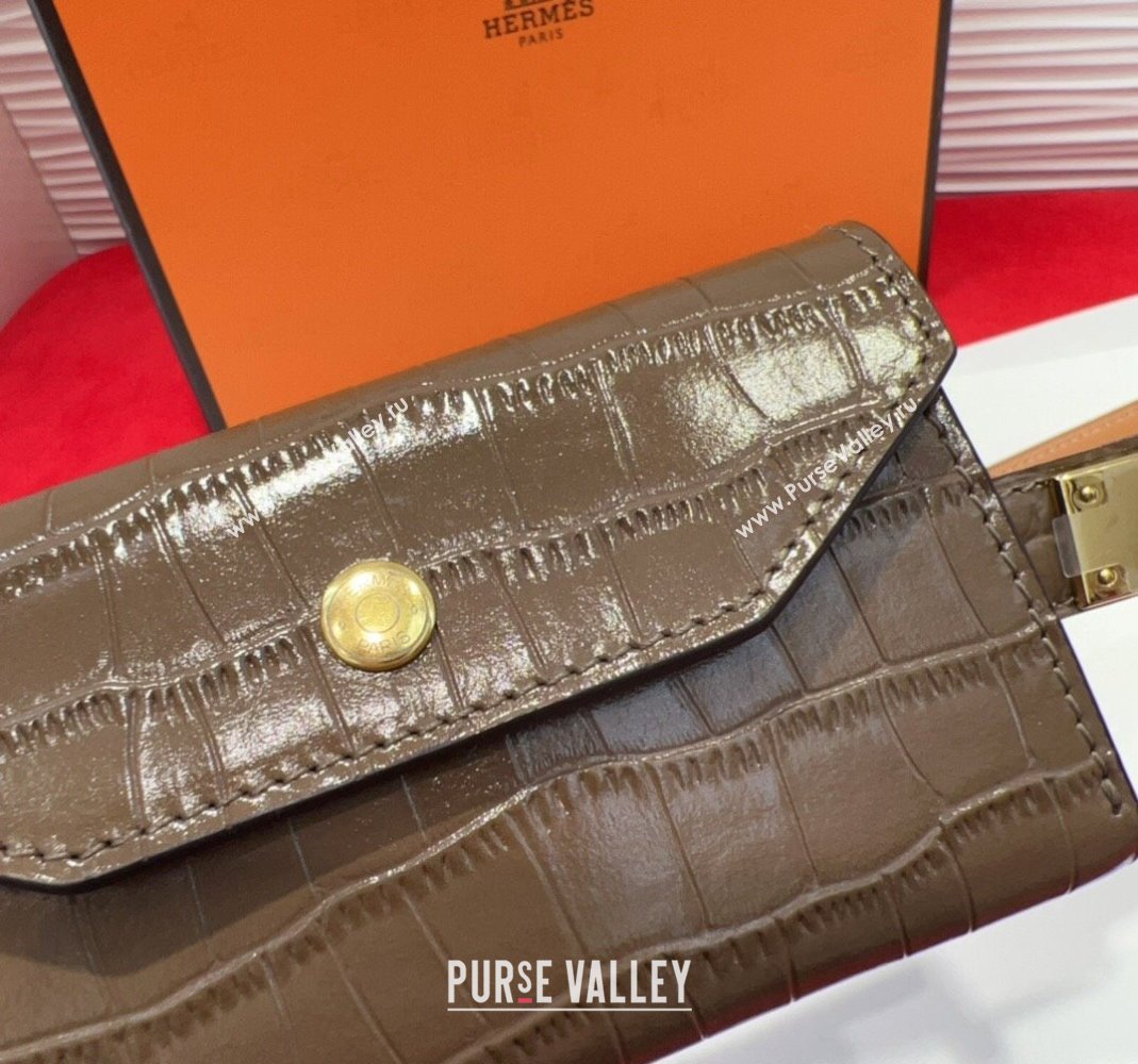 Hermes Kelly Pocket 18 Pouch Belt 1.8cm with Gold Hardware in Crocodile Leather Grey 2025 (99-250508215)
