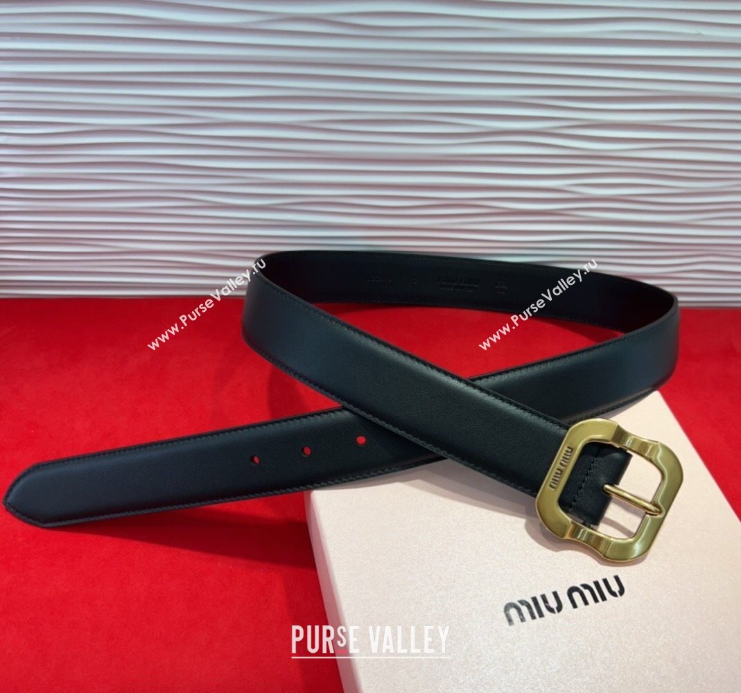 Miu Miu Supple Calfskin Belt 3.4cm with Gold-Tone Square Buckle Black 2025 2012025 (99-250508148)
