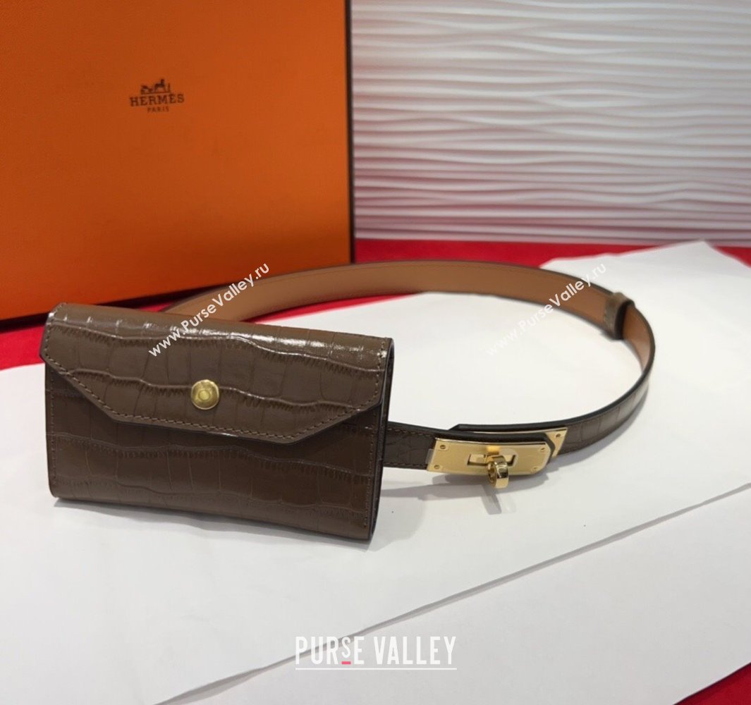 Hermes Kelly Pocket 18 Pouch Belt 1.8cm with Gold Hardware in Crocodile Leather Grey 2025 (99-250508215)