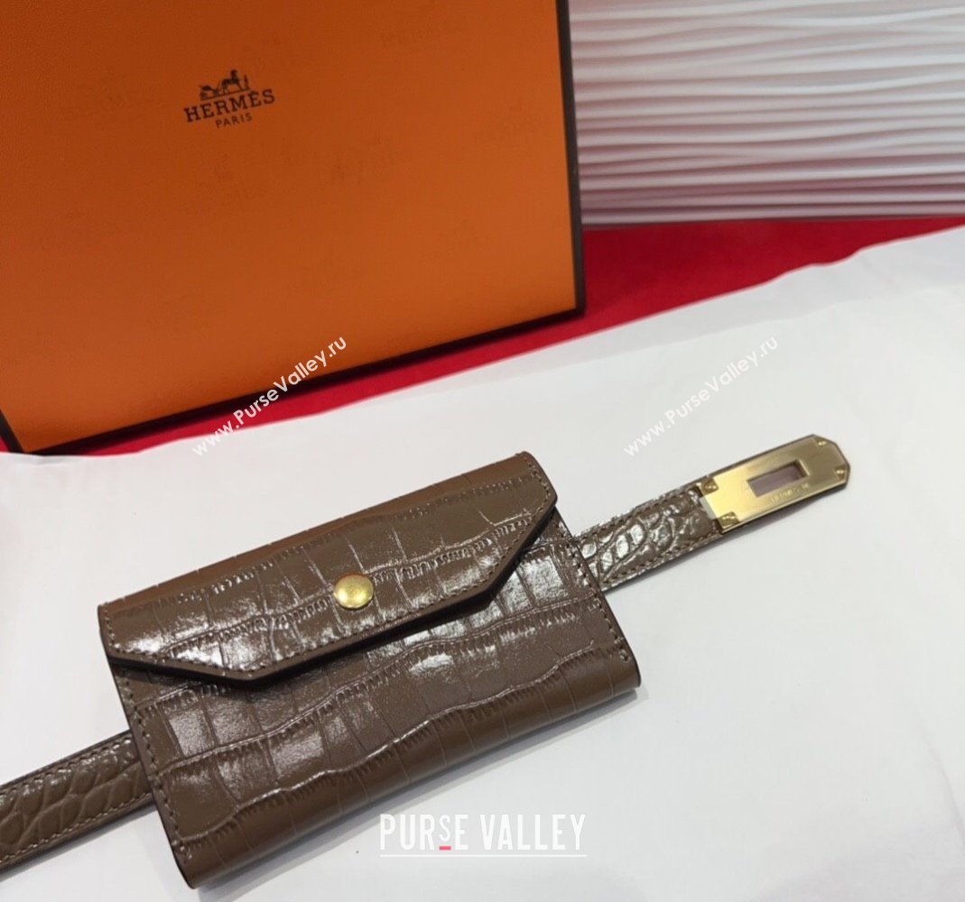 Hermes Kelly Pocket 18 Pouch Belt 1.8cm with Gold Hardware in Crocodile Leather Grey 2025 (99-250508215)