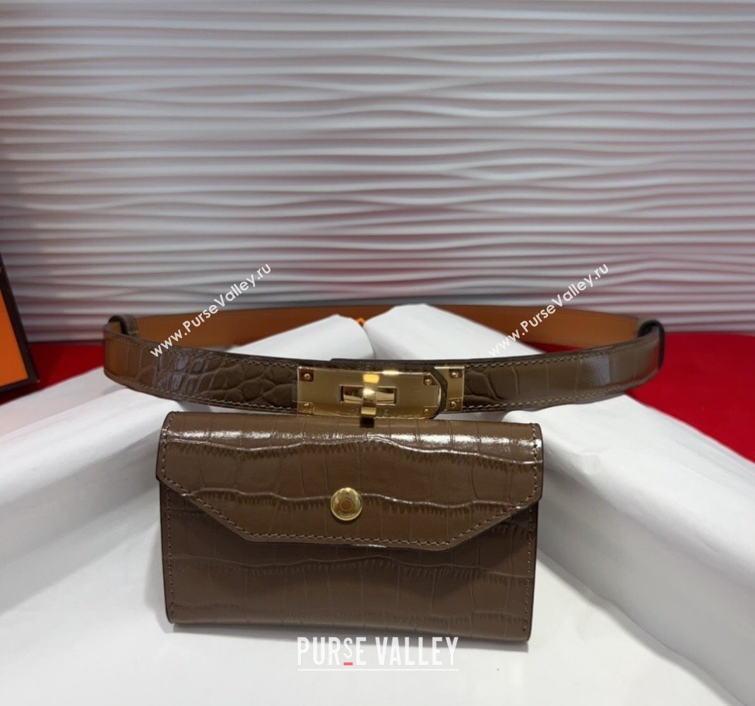 Hermes Kelly Pocket 18 Pouch Belt 1.8cm with Gold Hardware in Crocodile Leather Grey 2025 (99-250508215)