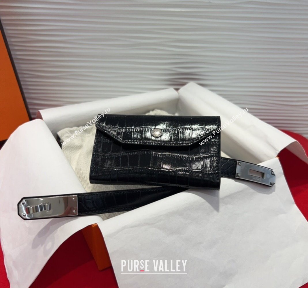 Hermes Kelly Pocket 18 Pouch Belt 1.8cm with Silver Hardware in Crocodile Leather Black 2025 (99-250508216)