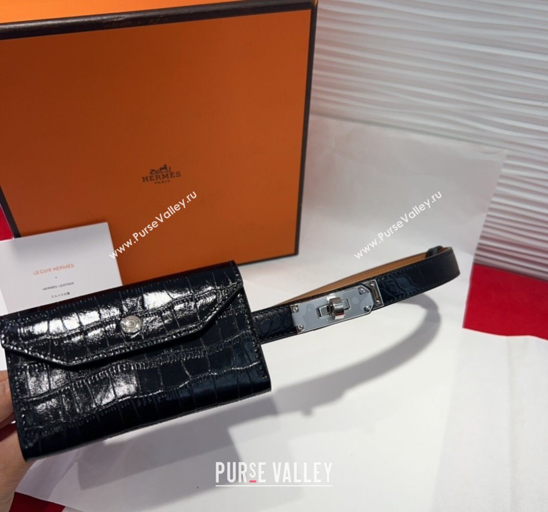 Hermes Kelly Pocket 18 Pouch Belt 1.8cm with Silver Hardware in Crocodile Leather Black 2025 (99-250508216)