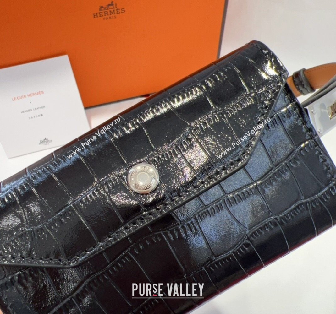 Hermes Kelly Pocket 18 Pouch Belt 1.8cm with Silver Hardware in Crocodile Leather Black 2025 (99-250508216)