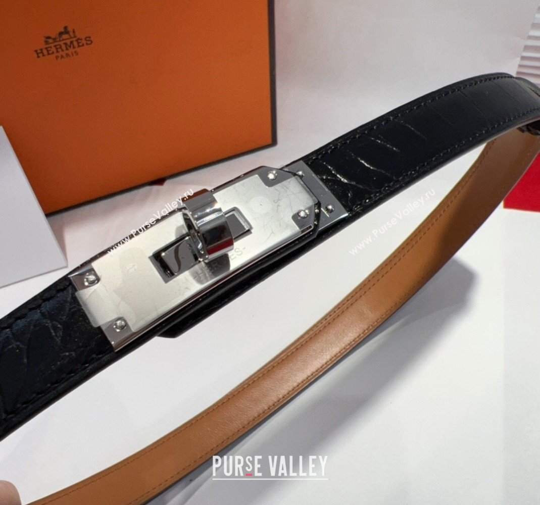 Hermes Kelly Pocket 18 Pouch Belt 1.8cm with Silver Hardware in Crocodile Leather Black 2025 (99-250508216)