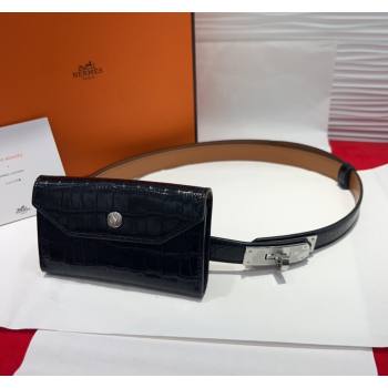 Hermes Kelly Pocket 18 Pouch Belt 1.8cm with Silver Hardware in Crocodile Leather Black 2025 (99-250508216)