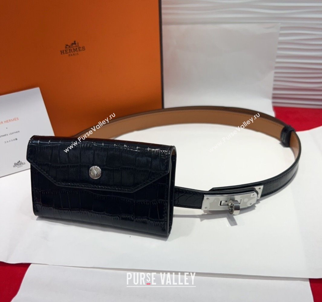Hermes Kelly Pocket 18 Pouch Belt 1.8cm with Silver Hardware in Crocodile Leather Black 2025 (99-250508216)