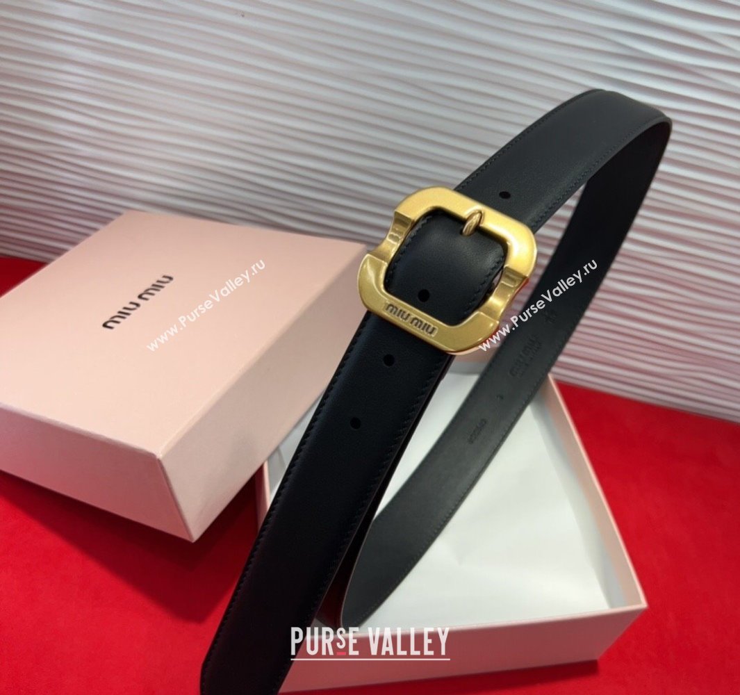 Miu Miu Supple Calfskin Belt 3.4cm with Gold-Tone Square Buckle Black 2025 2012025 (99-250508148)