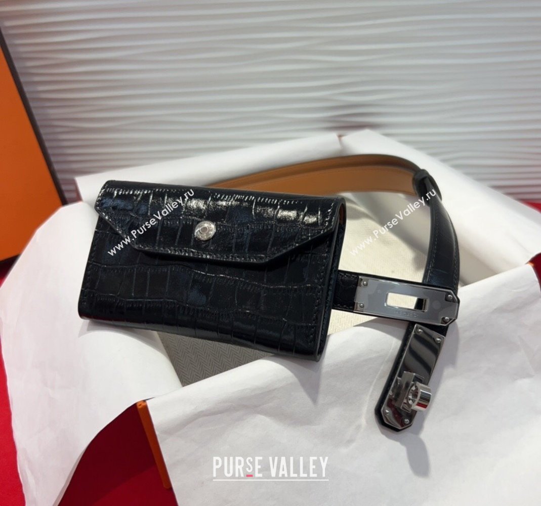 Hermes Kelly Pocket 18 Pouch Belt 1.8cm with Silver Hardware in Crocodile Leather Black 2025 (99-250508216)