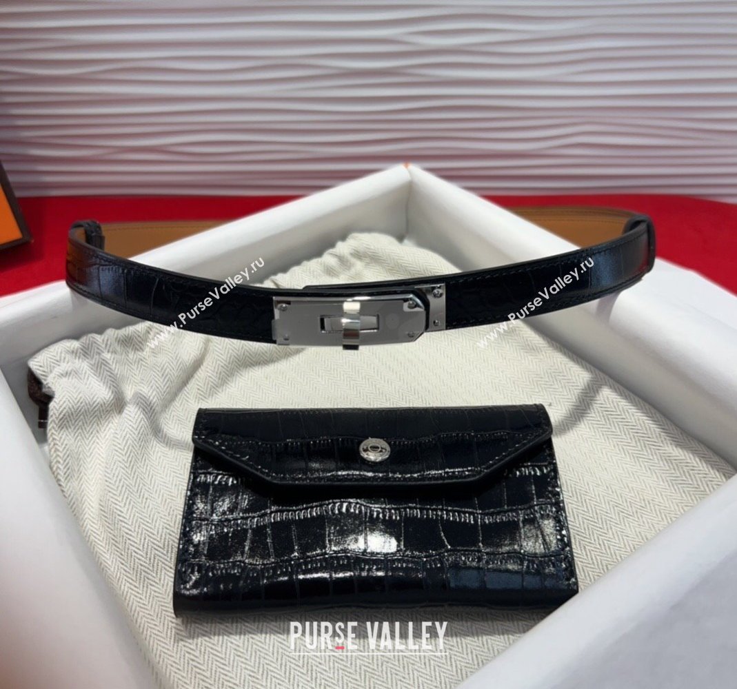 Hermes Kelly Pocket 18 Pouch Belt 1.8cm with Silver Hardware in Crocodile Leather Black 2025 (99-250508216)