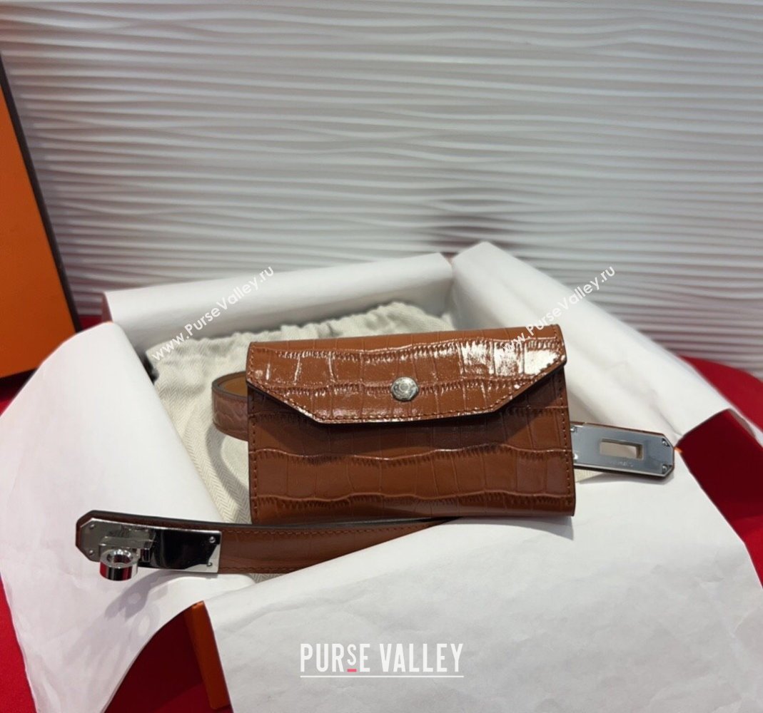 Hermes Kelly Pocket 18 Pouch Belt 1.8cm with Silver Hardware in Crocodile Leather Brown 2025 (99-250508217)