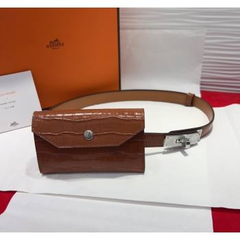 Hermes Kelly Pocket 18 Pouch Belt 1.8cm with Silver Hardware in Crocodile Leather Brown 2025 (99-250508217)