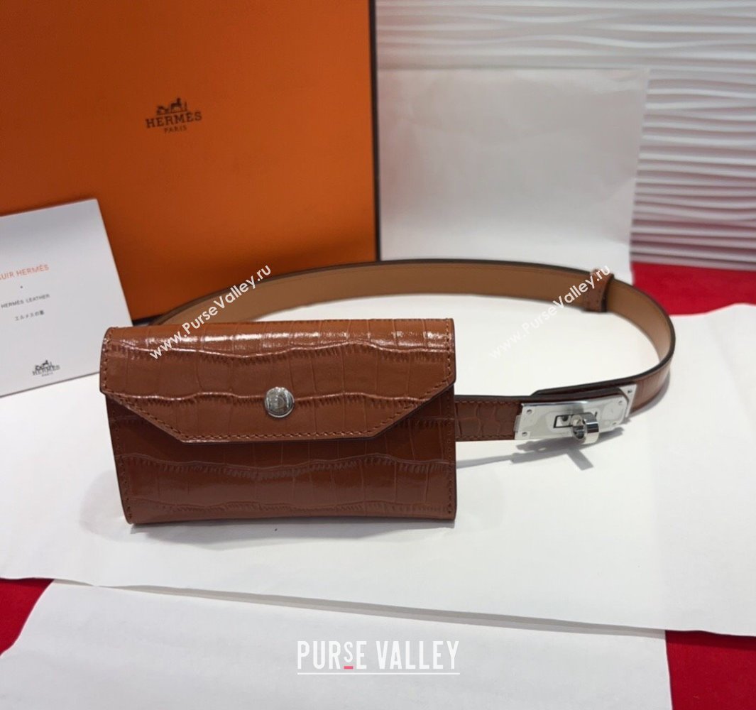 Hermes Kelly Pocket 18 Pouch Belt 1.8cm with Silver Hardware in Crocodile Leather Brown 2025 (99-250508217)