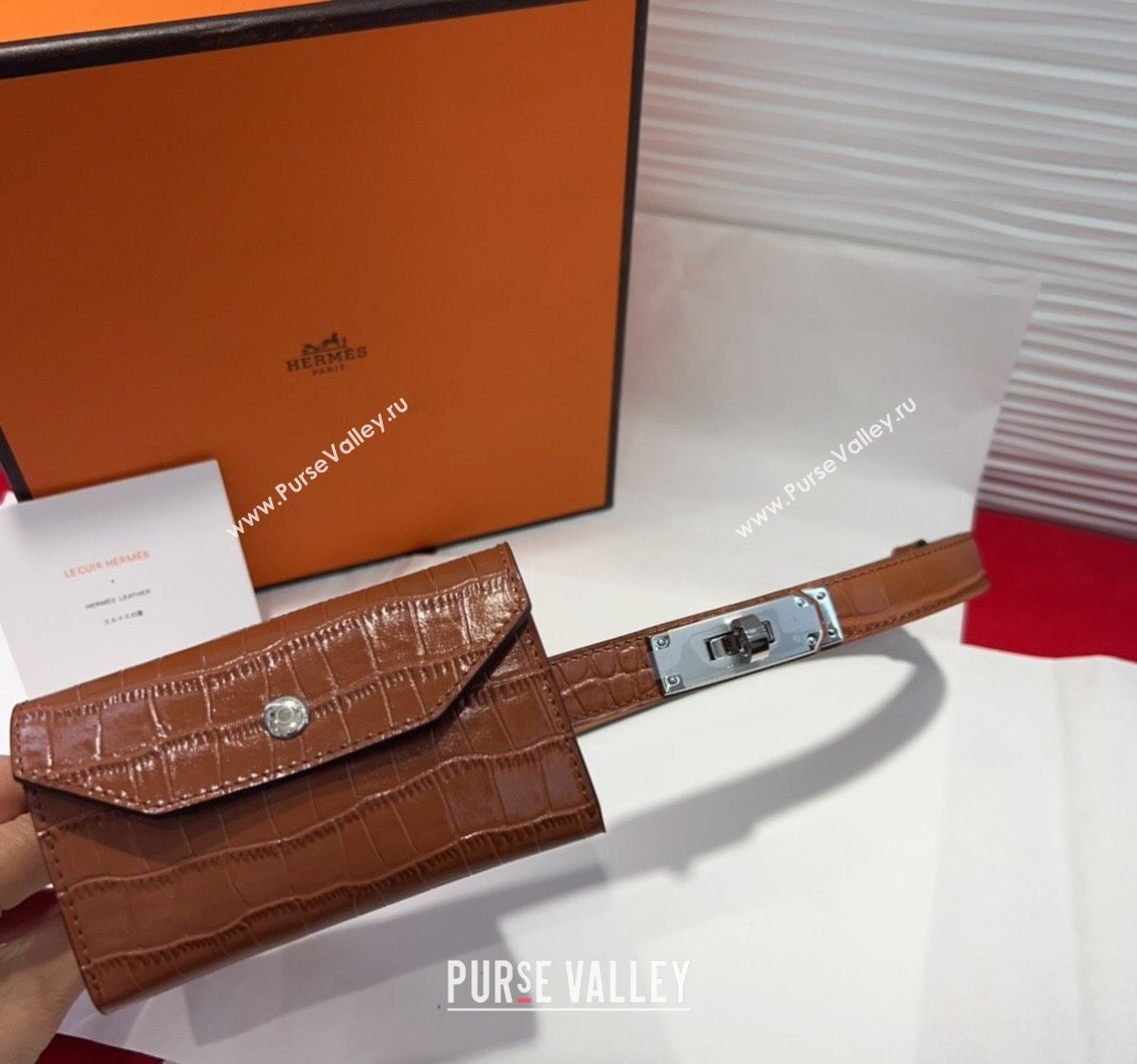 Hermes Kelly Pocket 18 Pouch Belt 1.8cm with Silver Hardware in Crocodile Leather Brown 2025 (99-250508217)