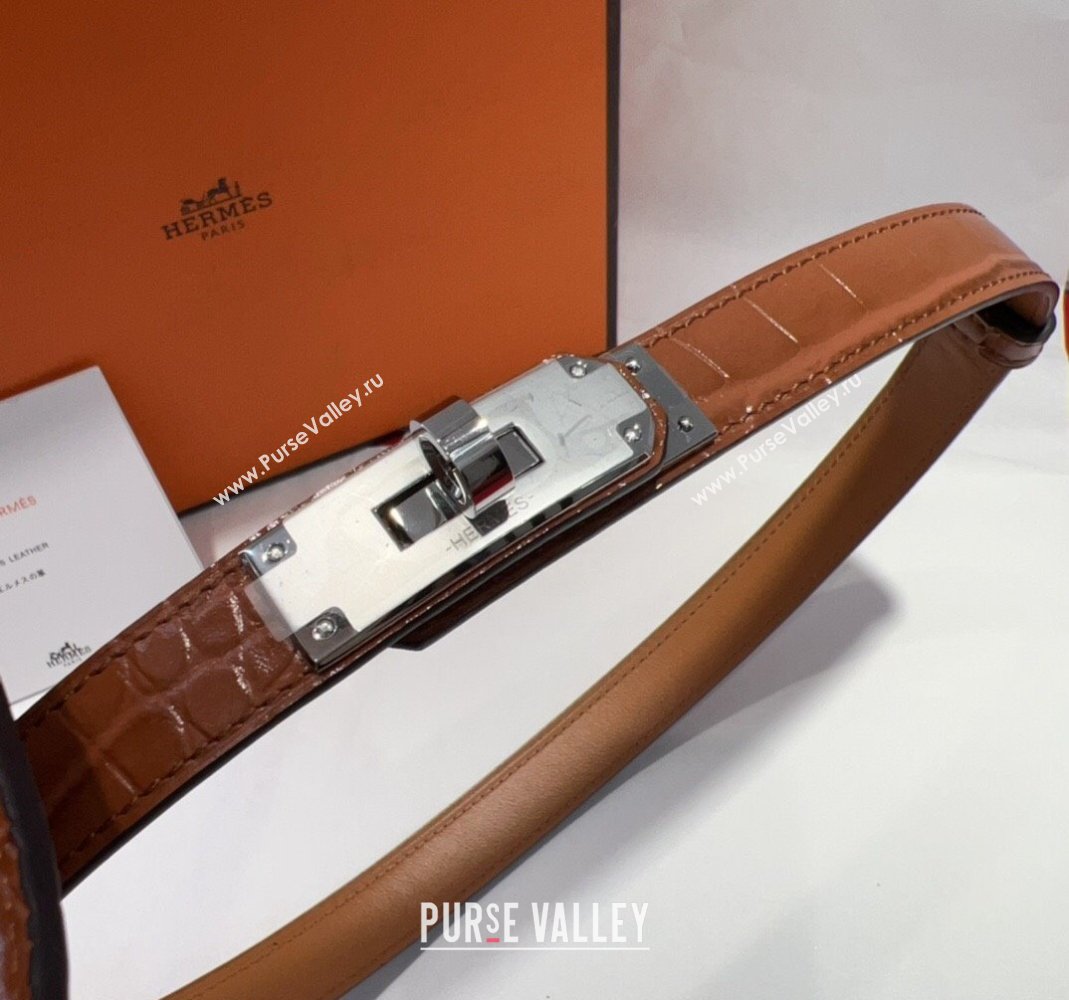 Hermes Kelly Pocket 18 Pouch Belt 1.8cm with Silver Hardware in Crocodile Leather Brown 2025 (99-250508217)
