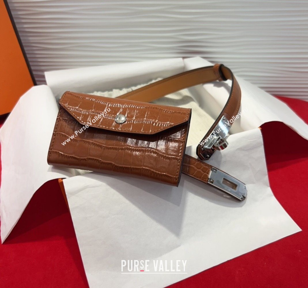 Hermes Kelly Pocket 18 Pouch Belt 1.8cm with Silver Hardware in Crocodile Leather Brown 2025 (99-250508217)
