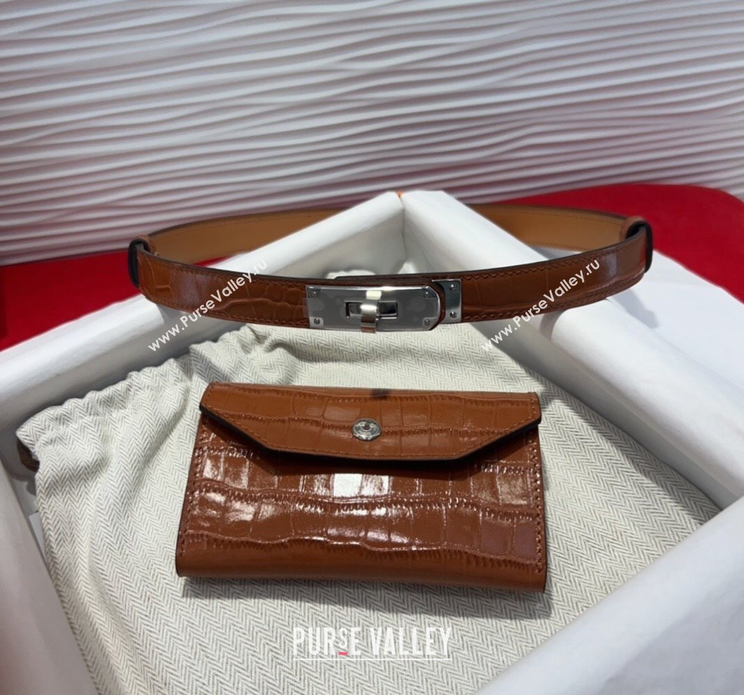 Hermes Kelly Pocket 18 Pouch Belt 1.8cm with Silver Hardware in Crocodile Leather Brown 2025 (99-250508217)