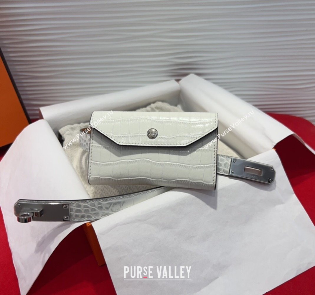 Hermes Kelly Pocket 18 Pouch Belt 1.8cm with Silver Hardware in Crocodile Leather White 2025 (99-250508218)