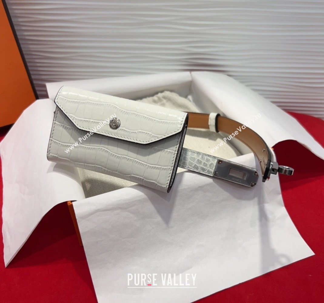 Hermes Kelly Pocket 18 Pouch Belt 1.8cm with Silver Hardware in Crocodile Leather White 2025 (99-250508218)