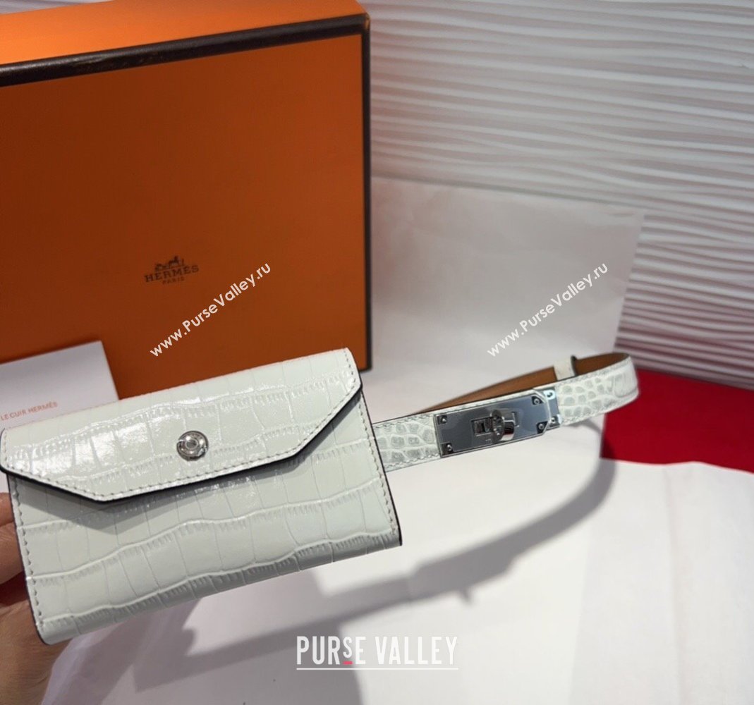 Hermes Kelly Pocket 18 Pouch Belt 1.8cm with Silver Hardware in Crocodile Leather White 2025 (99-250508218)