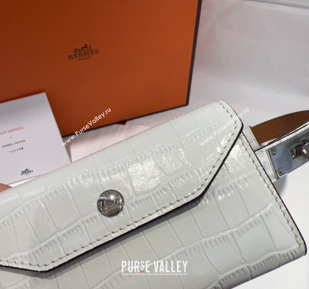 Hermes Kelly Pocket 18 Pouch Belt 1.8cm with Silver Hardware in Crocodile Leather White 2025 (99-250508218)