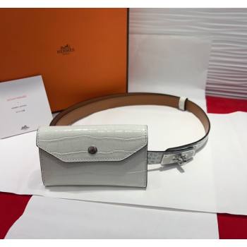 Hermes Kelly Pocket 18 Pouch Belt 1.8cm with Silver Hardware in Crocodile Leather White 2025 (99-250508218)