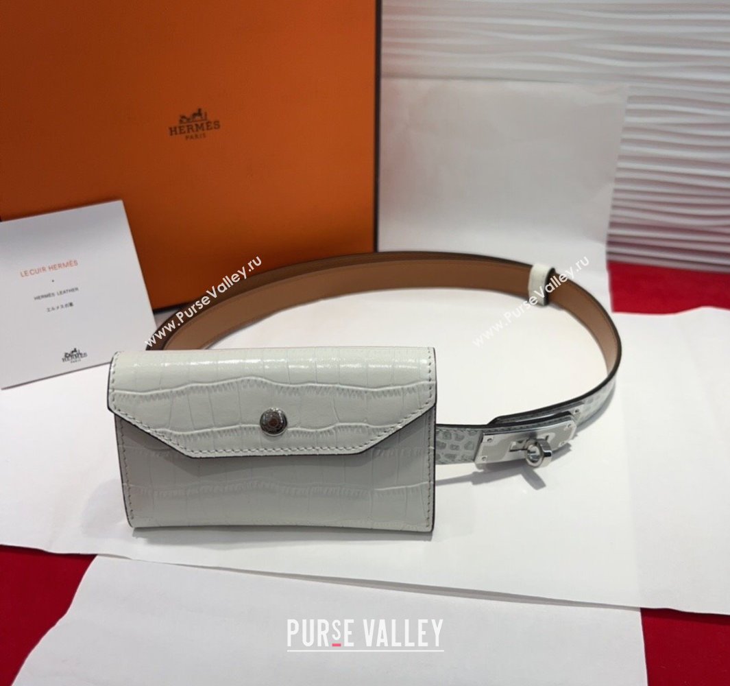 Hermes Kelly Pocket 18 Pouch Belt 1.8cm with Silver Hardware in Crocodile Leather White 2025 (99-250508218)