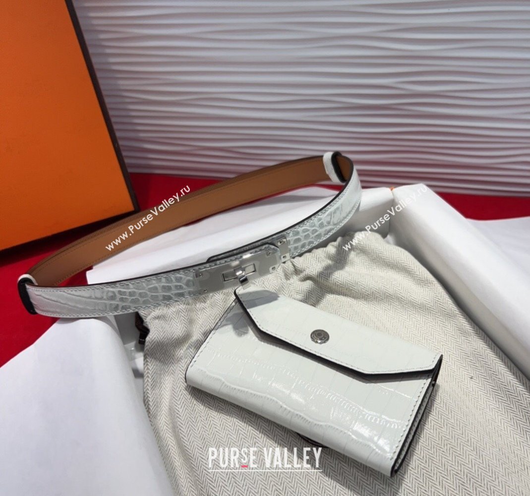 Hermes Kelly Pocket 18 Pouch Belt 1.8cm with Silver Hardware in Crocodile Leather White 2025 (99-250508218)