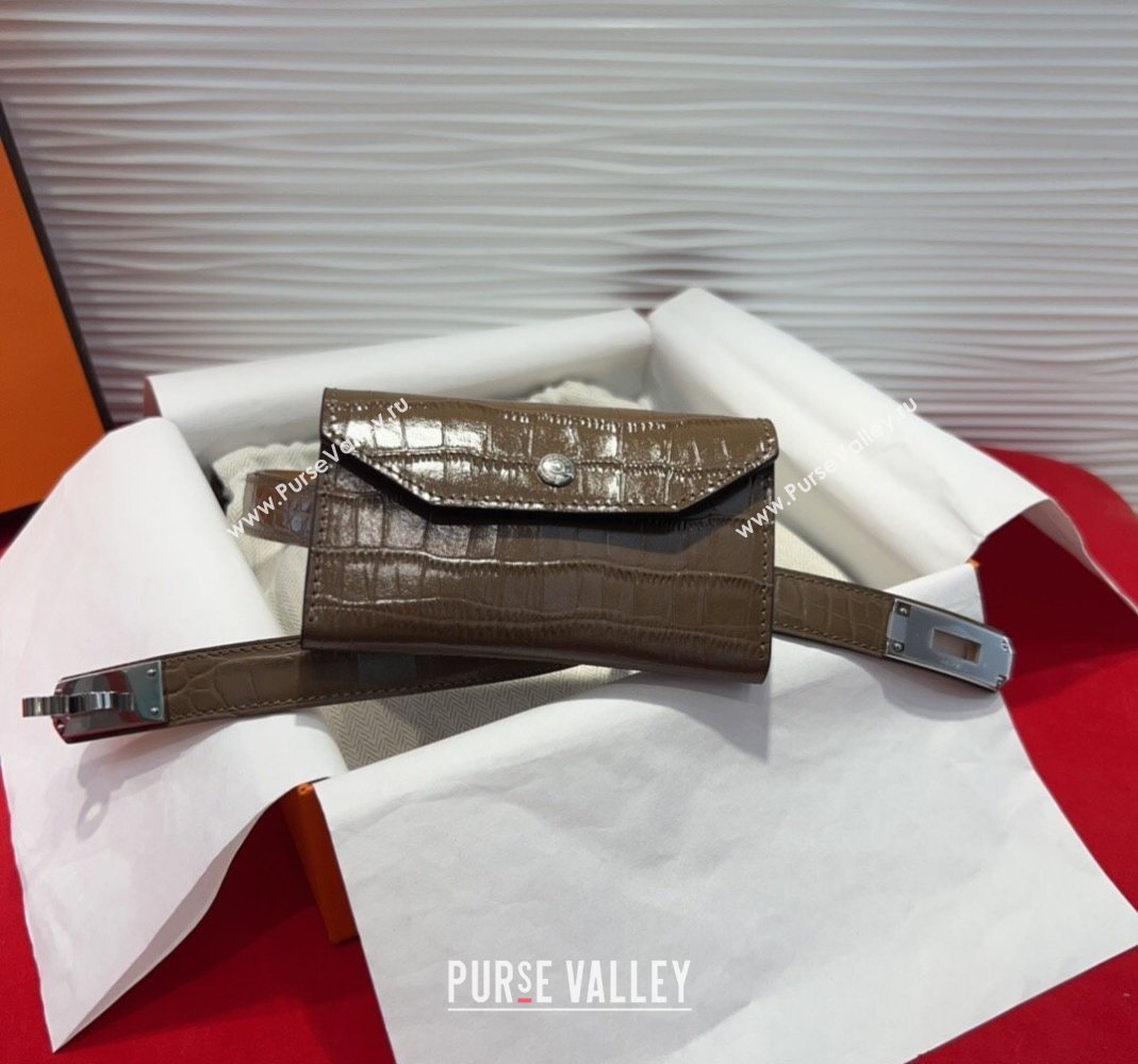 Hermes Kelly Pocket 18 Pouch Belt 1.8cm with Silver Hardware in Crocodile Leather Grey 2025 (99-250508219)