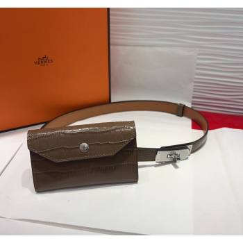 Hermes Kelly Pocket 18 Pouch Belt 1.8cm with Silver Hardware in Crocodile Leather Grey 2025 (99-250508219)