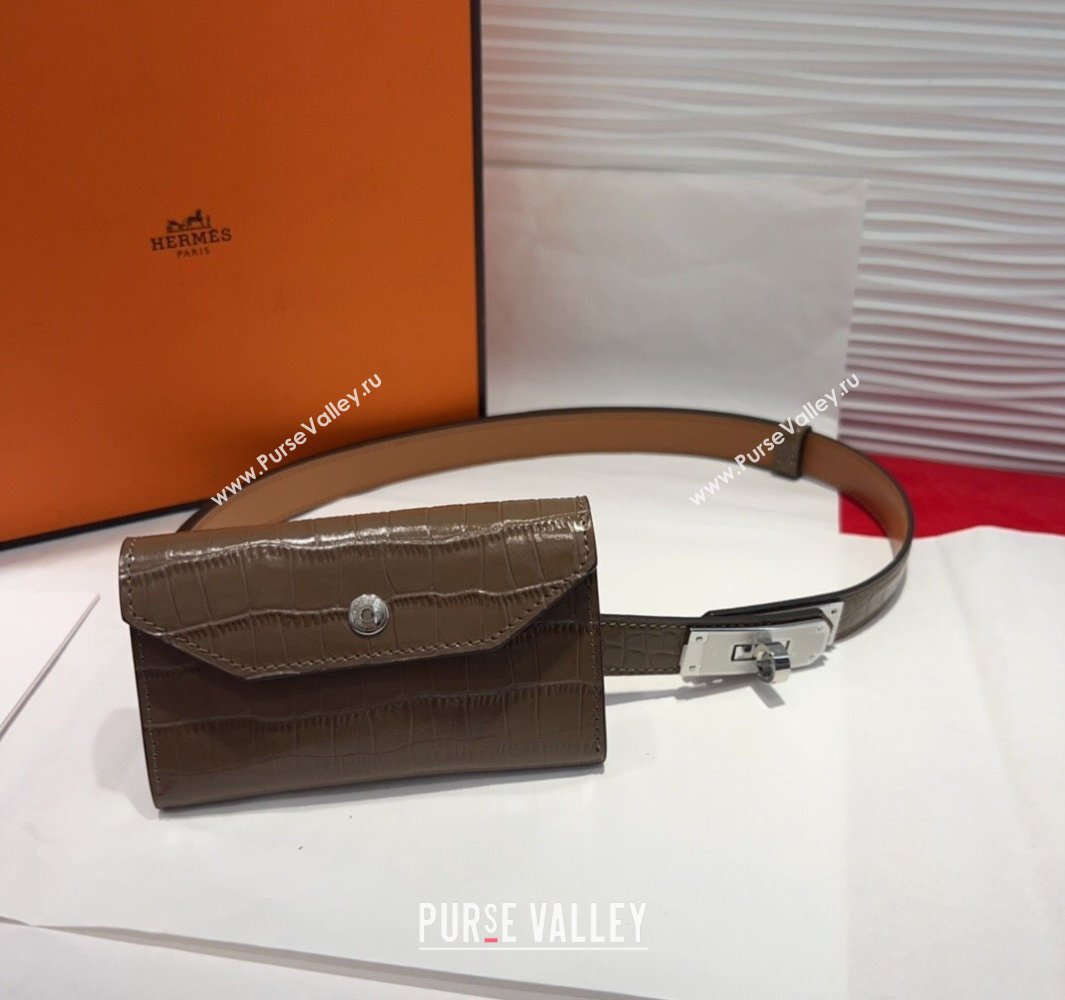 Hermes Kelly Pocket 18 Pouch Belt 1.8cm with Silver Hardware in Crocodile Leather Grey 2025 (99-250508219)