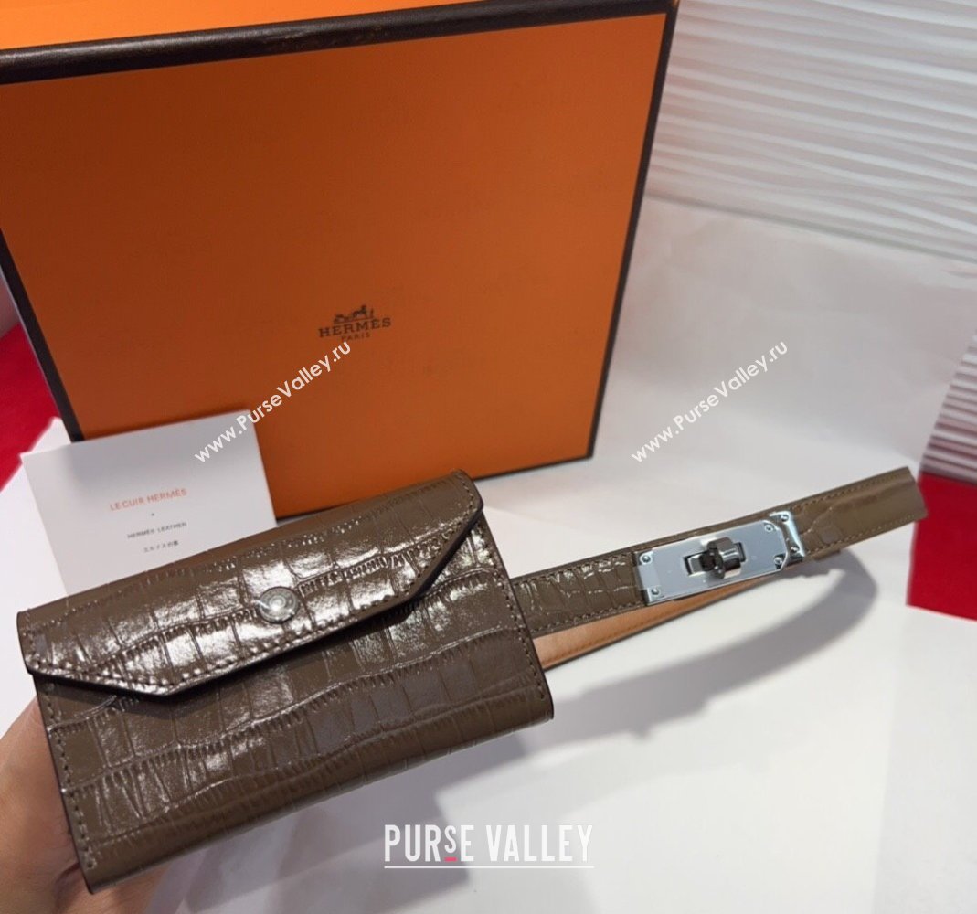 Hermes Kelly Pocket 18 Pouch Belt 1.8cm with Silver Hardware in Crocodile Leather Grey 2025 (99-250508219)