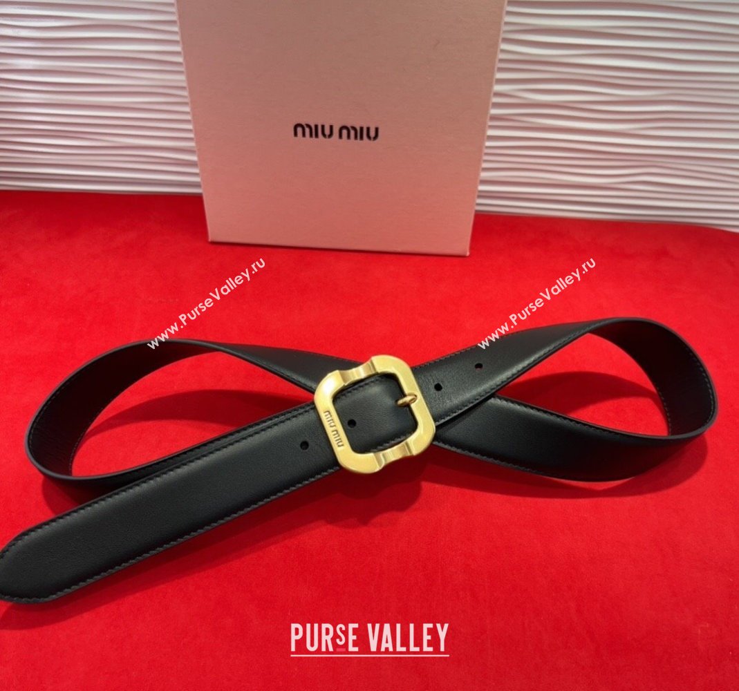 Miu Miu Supple Calfskin Belt 3.4cm with Gold-Tone Square Buckle Black 2025 2012025 (99-250508148)