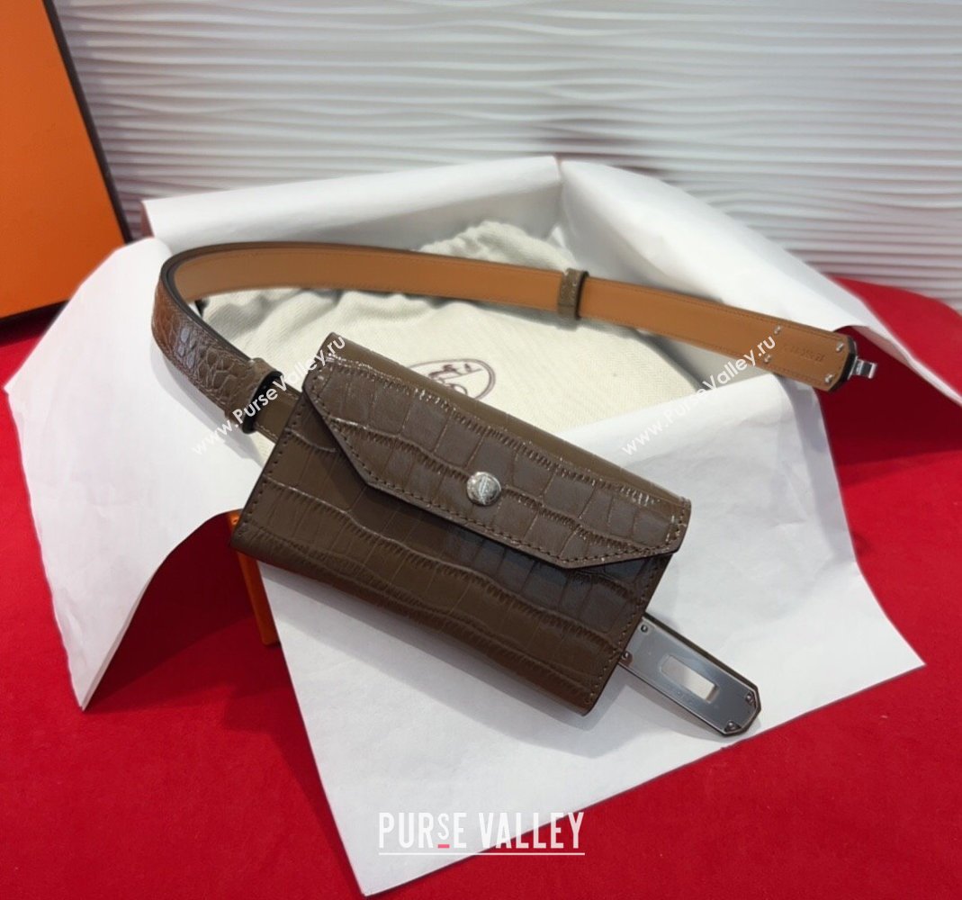 Hermes Kelly Pocket 18 Pouch Belt 1.8cm with Silver Hardware in Crocodile Leather Grey 2025 (99-250508219)