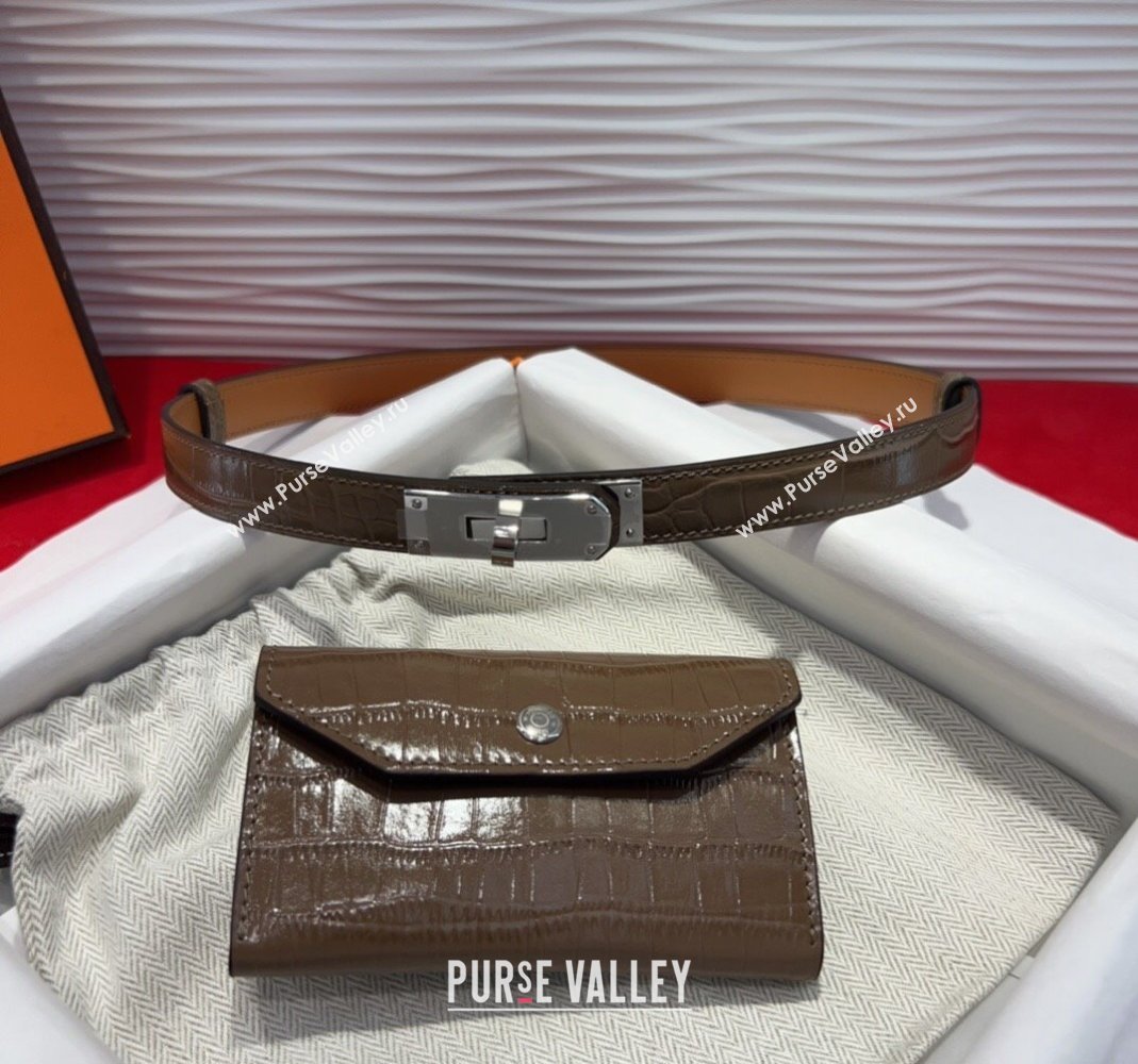 Hermes Kelly Pocket 18 Pouch Belt 1.8cm with Silver Hardware in Crocodile Leather Grey 2025 (99-250508219)